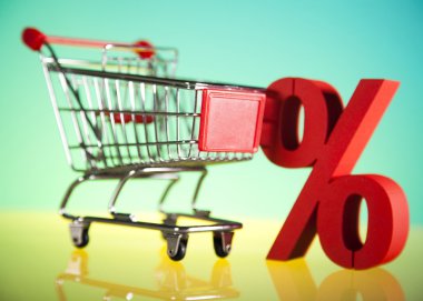 süpermarket arabası alışveriş, yüzde işareti