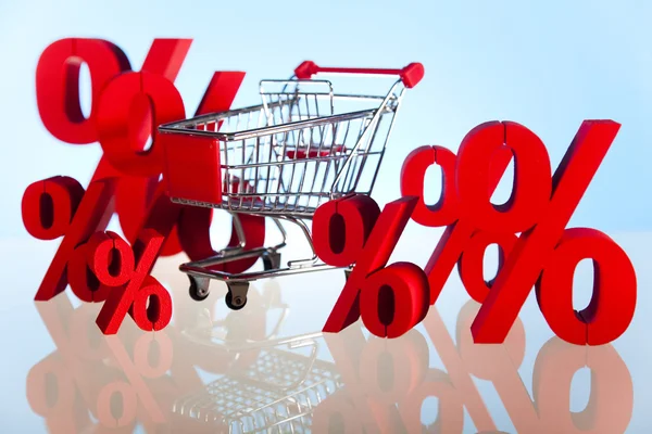 Carro de supermercado de compras, signo porcentual — Foto de Stock