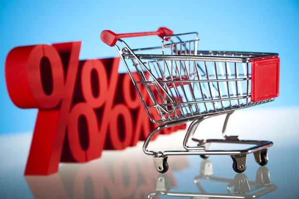 Shopping supermarket cart, percent sign — Stock Photo, Image