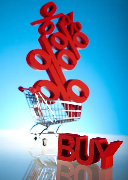 Shopping supermarket cart, percent sign — Stock Photo, Image