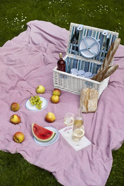 Wein und Picknickkorb auf dem Rasen — Stockfoto