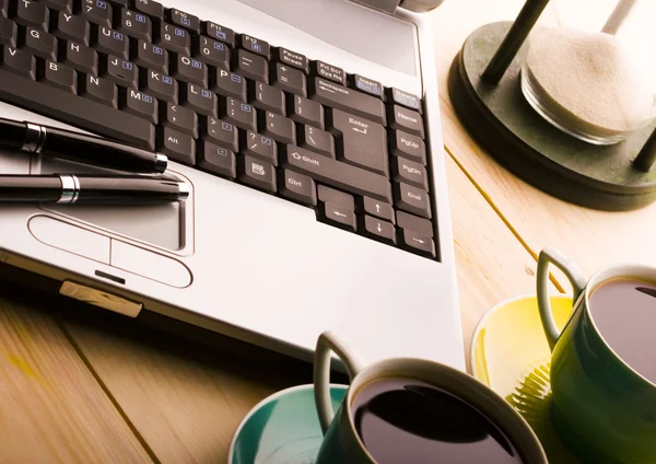 Laptop & Coffee cup & Clock — Stock Photo, Image