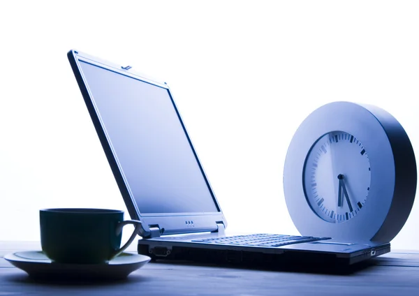 Laptop & Coffee cup & Clock — Stock Photo, Image