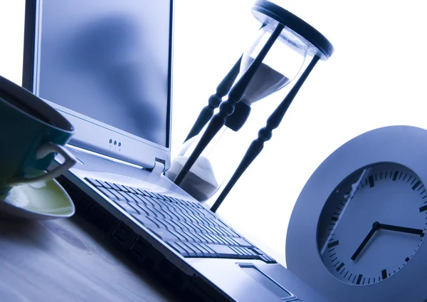 Laptop & Coffee cup & Clock — Stock Photo, Image