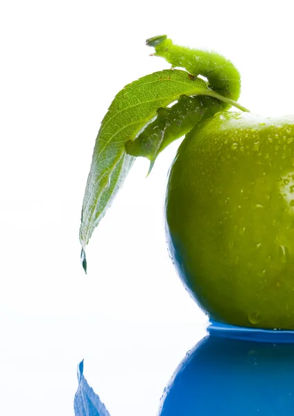 Grönt äpple med mask — Stockfoto