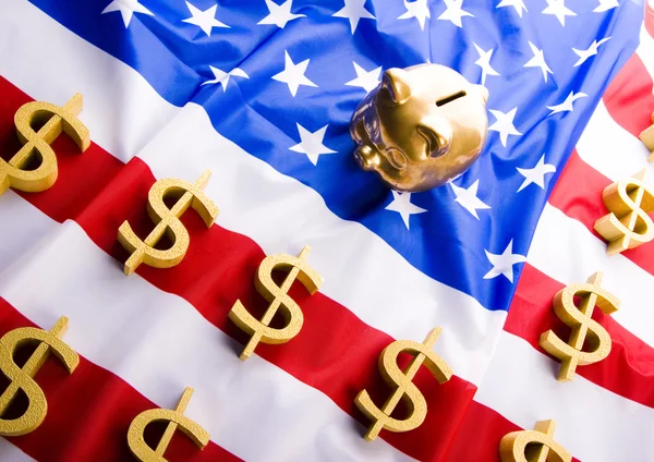 Прапор США & знаками долара & скарбничка — стокове фото