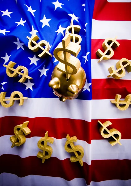 USA vlag & dollartekens & Piggy bank — Stockfoto