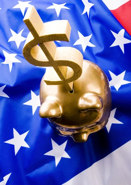 Bandeira dos EUA & sinais de dólar & Piggy bank — Fotografia de Stock