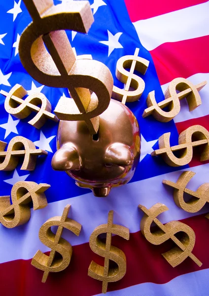 U.S.A flag & Dollar signs & Piggy bank — Stock Photo, Image