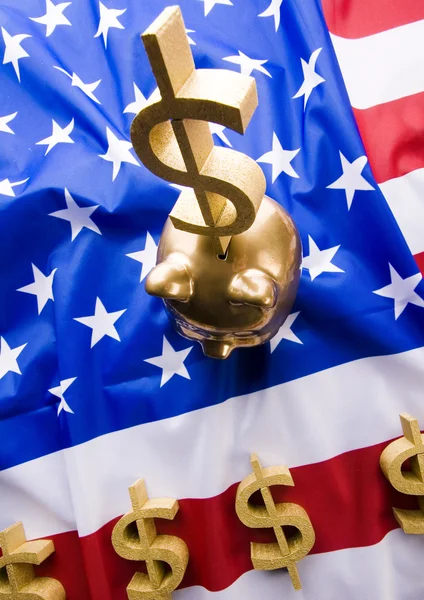 USA zászló & dollárjelet & malacka bank — Stock Fotó