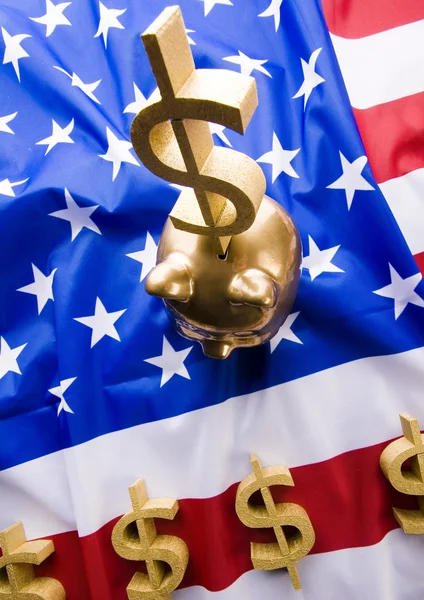 U.S.A flag & Dollar signs & Piggy bank — Stock Photo, Image