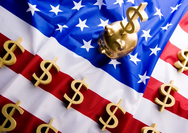 ABD bayrağı ve dolar işareti ve kumbara — Stok fotoğraf
