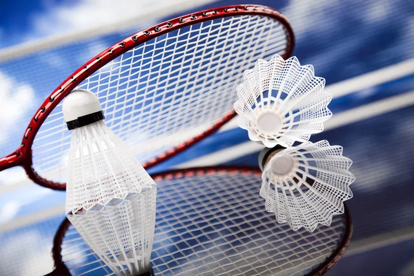 Shuttle op badminton racket — Stockfoto