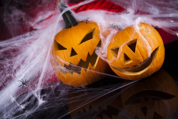 Spider web, Halloween pumpkin Jack — Stock Photo, Image