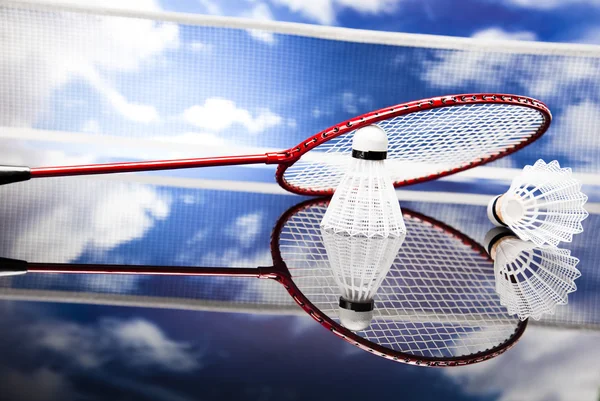 Shuttlecock on badminton racket — Stock Photo, Image