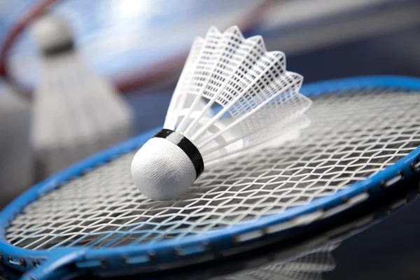 Shuttlecock on badminton racket — Stock Photo, Image