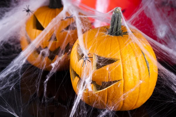 Jack înfricoșător, dovleac de Halloween și păianjen — Fotografie, imagine de stoc