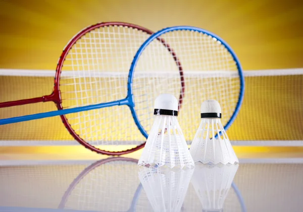 Shuttle op badminton racket — Stockfoto