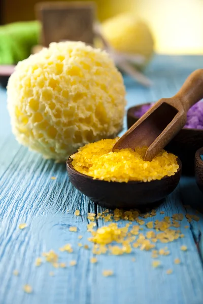 Sea salt in wooden bowl — Stock Photo, Image