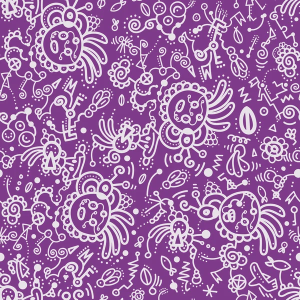 Drôle de motif sans couture doodle sur fond lilas . — Image vectorielle