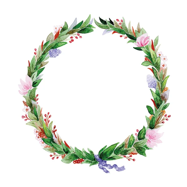 Vintage watercolor wreath with flowers and ribbon. Vector Illustration for greeting cards, invitations. — Stock Vector