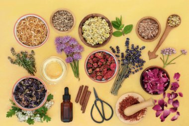 Havanda bitkisel ilaçlarda kullanılan bitkiler ve çiçeklerle temel yağ aromaterapisi hazırlığı. Doğal sağlık hizmeti kavramı. Üst manzara, düz konum benekli sarı arkaplan.