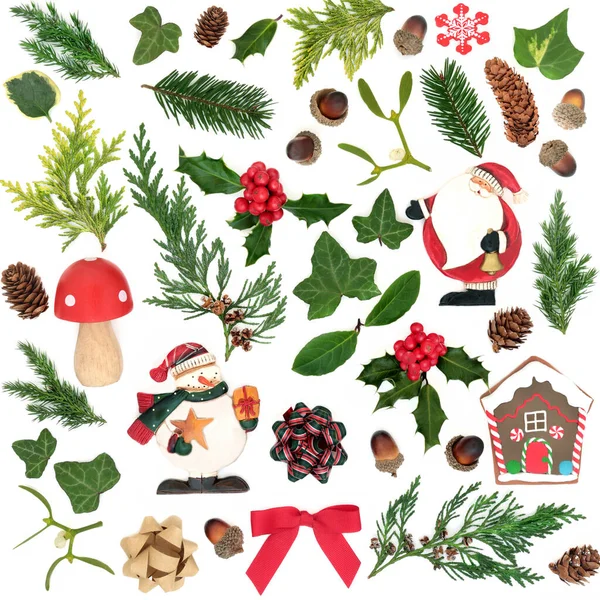 Julen Sammansättning Retro Småsak Träd Dekorationer Och Vinter Flora Festlig — Stockfoto