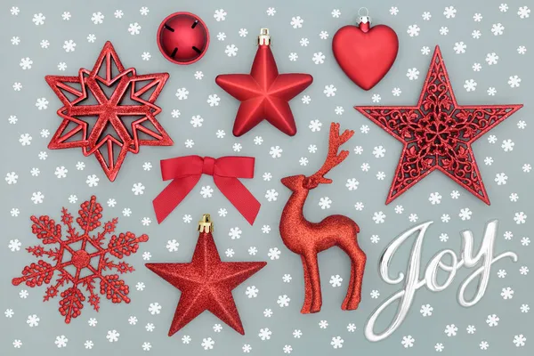 Happy Christmas Joy Sign Snowflakes Red Bauble Tree Decorations Pastel — Stock Photo, Image