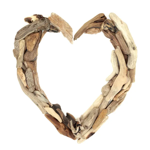 Romantische Natuurlijke Driftwood Hart Vorm Witte Achtergrond Frame Natuur Grens — Stockfoto