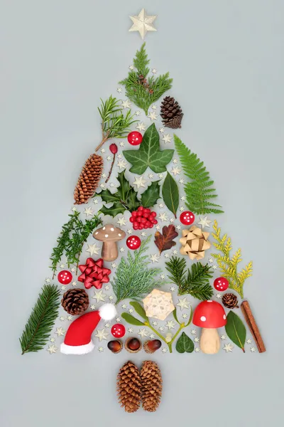 Resumen Concepto Forma Árbol Navidad Con Adornos Chucherías Estrellas Doradas —  Fotos de Stock