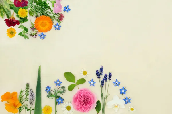 Nyári Gyógynövények Virágok Növényi Gyógyászat Fűszerezés Élelmiszer Dekoráció Természetes Kenderpapír — Stock Fotó