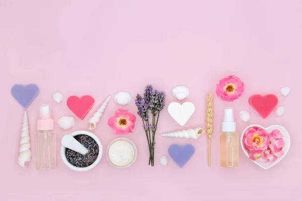 Produtos Naturais Envelhecimento Beleza Cuidados Com Pele Com Rosa Lavanda — Fotografia de Stock