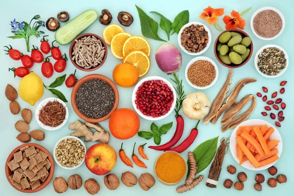 Vegetariska Och Veganska Immunstärkande Livsmedel För Fitness Hälsosamma Livsmedel Med — Stockfoto