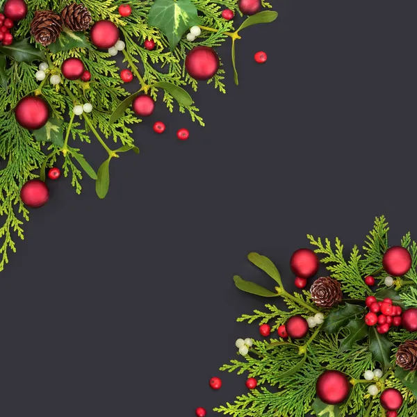 Christmas Background Red Ball Bauble Decorations Winter Greenery Holly Cedar — Stock Photo, Image
