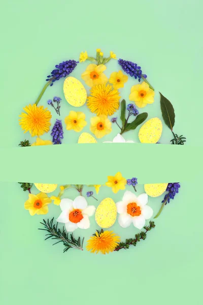 Abstract Easter egg shape with decorative eggs, spring flowers, leaf sprigs. Symbols of Easter concept. Top view on pastel green background with blank banner copy space for text.