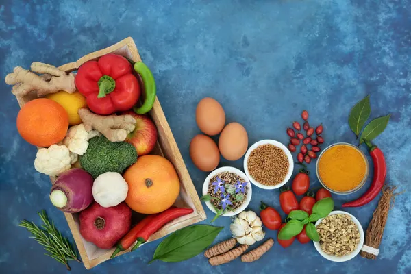 Coleta Superalimentos Para Impulsionar Sistema Imunológico Com Laticínios Legumes Frutas — Fotografia de Stock