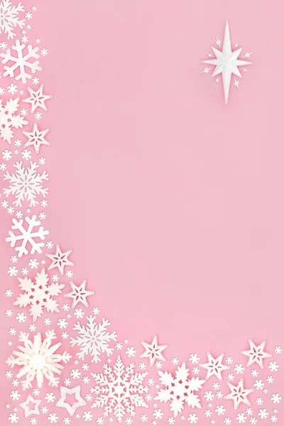 Christmas Snowflake Star Abstract Border Pastel Pink Background Festive Composition — Stock Photo, Image