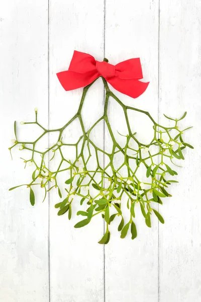 English Mistletoe Red Bow Rustic White Wood Background Winter Plant — Stock Photo, Image