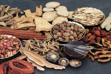 Doğal Çin bitkisel ilaçları, bitkiler, baharatlar ve akupunktur iğneleri. Çeşitli hastalıklar için alternatif, bütünsel önleyici tedavi.