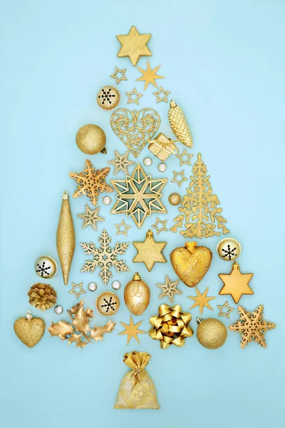 Christmas Tree Concept Shape Traditional Symbols Gold Bauble Ornaments Decorations — Stock Photo, Image