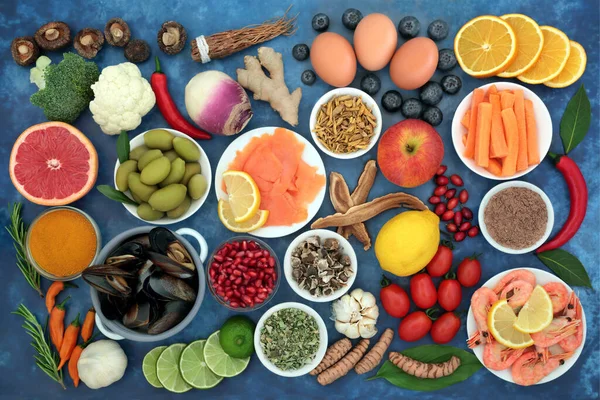 Velká Sbírka Imunitního Systému Zvyšující Zdraví Potravin Vysoký Obsah Antioxidantů — Stock fotografie