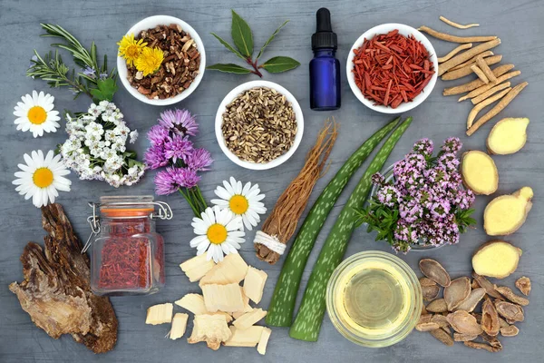 Aromaterapi için bitkisel ilaçlar ve çiçekler. Doğal alternatif sağlık hizmeti kavramı. Üst görünüm, benekli gri arkaplanda düz uzanma.