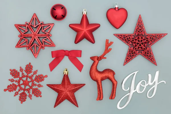 Christmas Joy Sign Red Bauble Tree Ornaments Pastel Grey Background — Stock Photo, Image