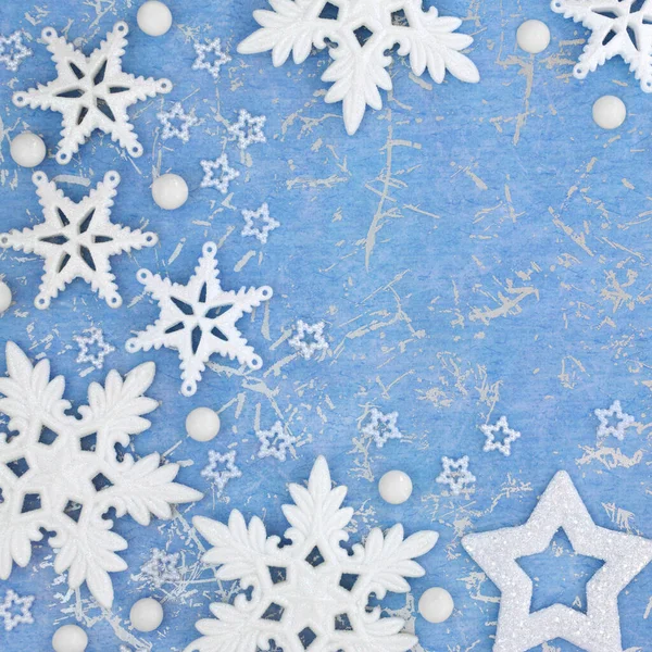 Christmas Background White Star Snowflake Ball Tree Decorations Mottled Blue — Stock Photo, Image