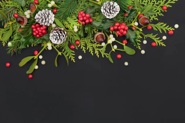 Naturlig Vinter Jul Och Nyår Blommig Bakgrund Med Järnek Gran — Stockfoto