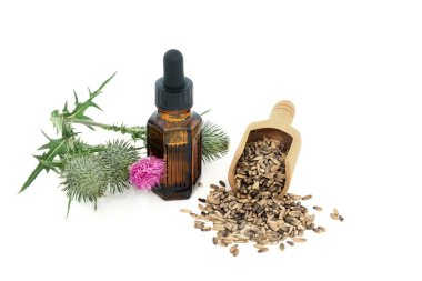 Bitkisel ilaçlarda kullanılan devedikeni bitkisi, tohum ve yağ. Karaciğer ve safra kesesi bozuklukları hepatit, siroz, sarılık, hazımsızlık ve diyabet için besin takviyesidir.. 