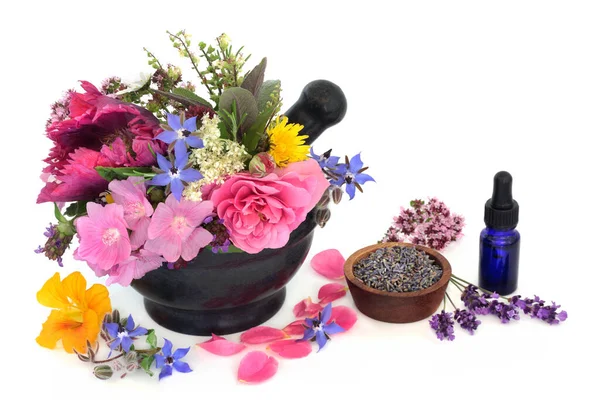 Flores Medicinales Hierbas Para Aceites Aromaterapia Mortero Con Frasco Aceite —  Fotos de Stock