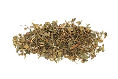 Beyaz arka planda geleneksel Çin bitkisel tıbbında kullanılan Houttuynia Cordata yaprağı bitkisi. Zatürree, hipertansiyon, kabızlık ve hiperglisemi tedavisinde kullanılır. Yu zing cao.