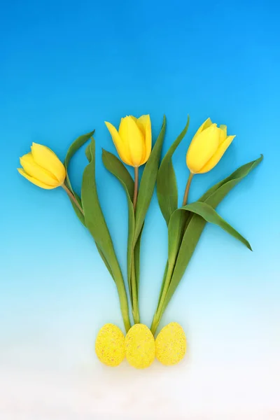春季和复活节的构图 有复活节彩蛋和黄色郁金香花的渐变蓝色背景 春季和复活节摘要最小设计概念 — 图库照片