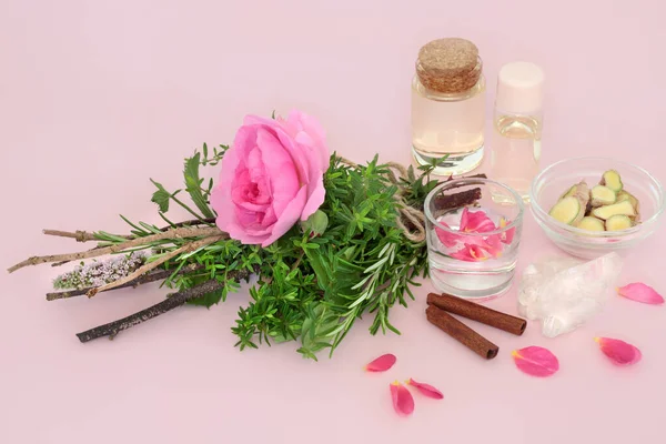 Witches Love Potion Preparation Rose Flower Herb Bundle Quartz Crystal — Stock Photo, Image